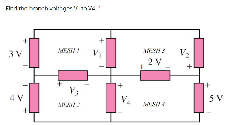 Find the branch voltages V1 to V4.
+
+
MESH 1
MESH 3
3 V
V1
V2
2 V
+
+
+
+
1+
V3
4 V
V4
5 V
MESH 2
MESH 4
+l
