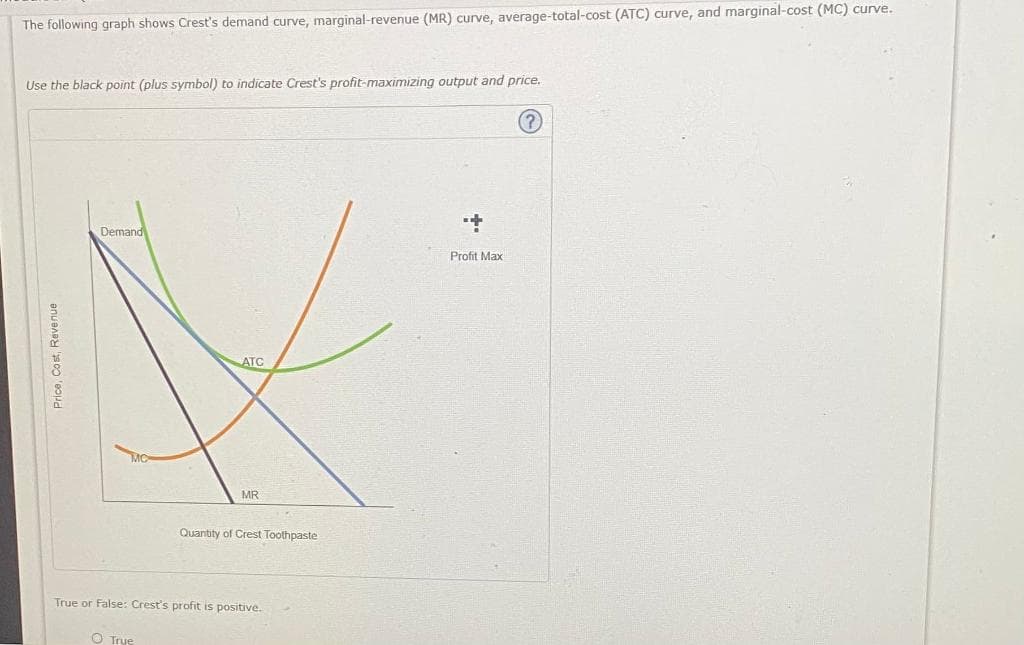 The following graph shows Crest's demand curve, marginal-revenue (MR) curve, average-total-cost (ATC) curve, and marginal-cost (MC) curve.
Use the black point (plus symbol) to indicate Crest's profit-maximizing output and price.
(?)
Price, Cost, Revenue
Demand
ATC
O True
MR
Quantity of Crest Toothpaste
True or False: Crest's profit is positive.
+
Profit Max