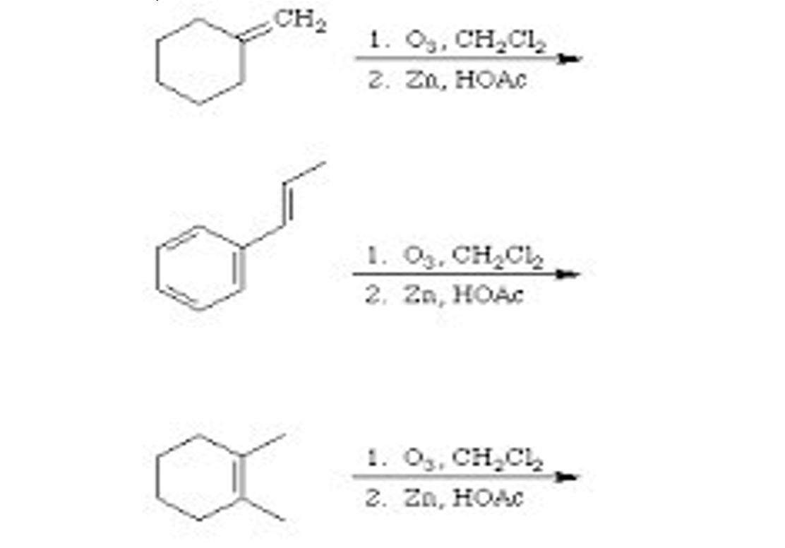 ## Ozonolysis Reactions

This section outlines the ozonolysis reactions of alkenes, with specific examples provided.

### Reaction Schemes

#### Example 1
A cyclohexene with a methyl group at the 1-position (indicated as CH₂) undergoes ozonolysis.

**Reagents and Conditions:**
1. O₃, CH₂Cl₂
2. Zn, HOAc

The process involves the use of ozone (O₃) in a dichloromethane (CH₂Cl₂) solvent, followed by a reduction step using zinc (Zn) in acetic acid (HOAc).

#### Example 2
A styrene derivative undergoes ozonolysis.

**Reagents and Conditions:**
1. O₃, CH₂Cl₂
2. Zn, HOAc

Similar to the first example, the reagents used are ozone (O₃) and dichloromethane (CH₂Cl₂) for the oxidative cleavage, followed by reduction with zinc (Zn) in acetic acid (HOAc).

#### Example 3
A methylcyclohexene derivative undergoes ozonolysis.

**Reagents and Conditions:**
1. O₃, CH₂Cl₂
2. Zn, HOAc

As with the previous examples, the alkene is treated with ozone (O₃) in dichloromethane (CH₂Cl₂) and subsequently reduced using zinc (Zn) in acetic acid (HOAc).

### Diagrams Explanation

Each example features a starting alkene structure shown on the left, undergoing a two-step ozonolysis reaction, denoted with reagents and conditions on the reaction arrow:

1. The first step involves the oxidative cleavage of the alkene using ozone (O₃) in dichloromethane (CH₂Cl₂).
2. The second step involves a reduction process using zinc (Zn) in acetic acid (HOAc, also known as acetic acid) to yield the final products.

Ozonolysis is a method used to cleave the double bonds in alkenes, leading to the formation of carbonyl compounds such as aldehydes and ketones. This is emphasized by the consistency in the reagents and conditions across the examples, highlighting the general applicability of this reaction to different substrate molecules.