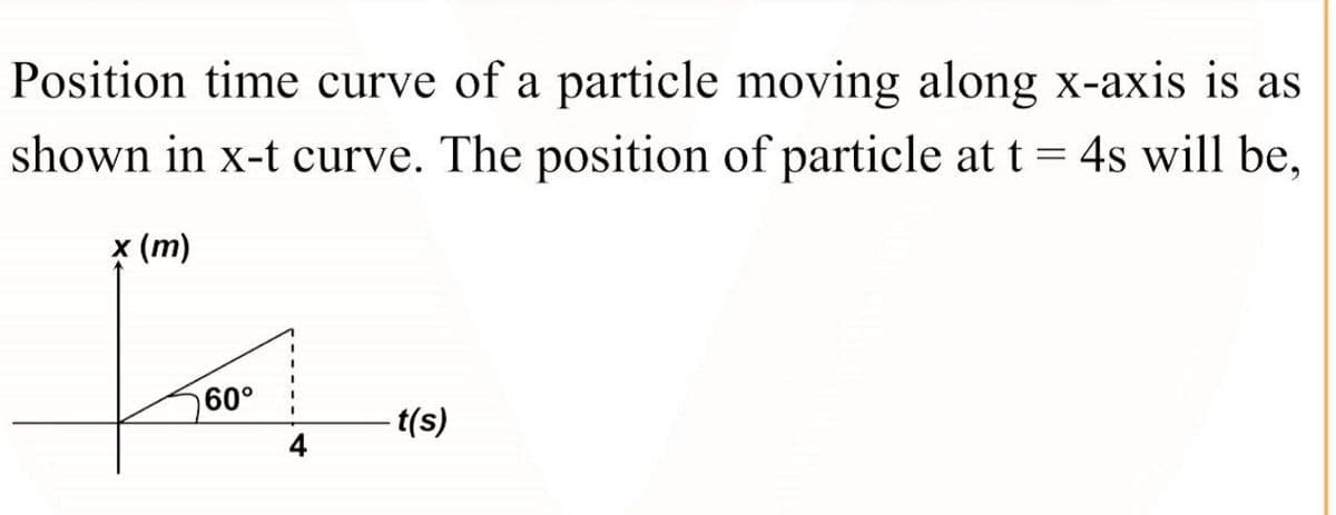 Position time curve of a particle moving along x-axis is as
shown in x-t curve. The position of particle at t = 4s will be,
x (m)
60°
t(s)
