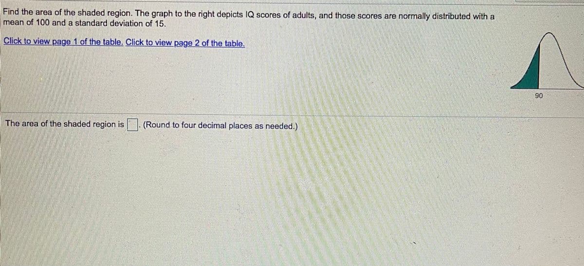 Find the area of the shaded region. The graph to the right depicts IQ scores of adults, and those scores are normally distributed with a
mean of 100 and a standard deviation of 15.
Click to view page 1 of the table. Click to view page 2 of the table.
90
The area of the shaded region is . (Round to four decimal places as needed.)
