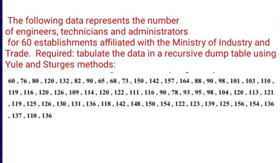 The following data represents the number
of engineers, technicians and administrators
for 60 establishments affiliated with the Ministry of Industry and
Trade. Required: tabulate the data in a recursive dump table using
Yule and Sturges methods:
60, 76, 80, 120, 132, 82, 90, 65, 68, 73, 150, 142, 157, 164, 88, 90, 98, 101, 103, 110,
119, 116, 120, 126, 109, 114, 120, 122, 111, 116, 90, 78, 93, 95, 98, 104, 120, 113, 121
, 119, 125, 126, 130, 131, 136, 118, 142, 148, 150, 154, 122, 123, 139, 125, 156, 154, 136
, 137, 110, 136