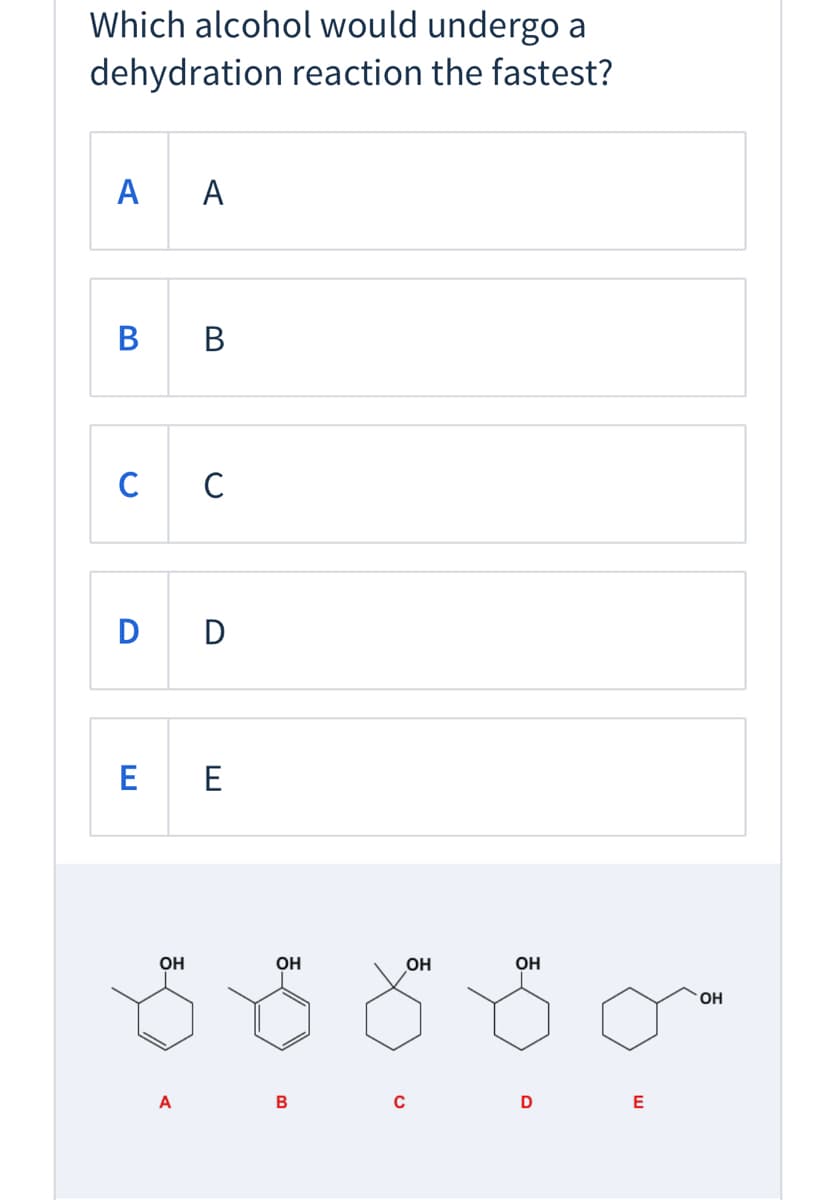 ### Which alcohol would undergo a dehydration reaction the fastest?

**A.** A  
**B.** B  
**C.** C  
**D.** D  
**E.** E  

Below the multiple-choice options, five alcohol structures are provided, labeled as A, B, C, D, and E from left to right. These structures are as follows:

- **A:** A molecule consisting of a cyclohexene ring with a hydroxyl group (OH) attached to one of the carbon atoms of the double bond.
- **B:** A molecule consisting of a benzene ring with a hydroxyl group (OH) attached to one of the carbon atoms.
- **C:** A molecule consisting of a methyl-substituted cyclohexane ring with a hydroxyl group (OH) attached to one of the carbon atoms.
- **D:** A molecule consisting of a cyclohexanol ring with a hydroxyl group (OH) attached.
- **E:** A molecule consisting of an ethyl group attached to a hydroxyl group (OH).

To determine which alcohol would undergo a dehydration reaction the fastest, it's essential to consider both the type and position of the hydroxyl group, as well as the stability of any carbocation intermediate that forms during the reaction. The three-dimensional structures and electronic effects will influence the rate of dehydration reaction for these alcohols.