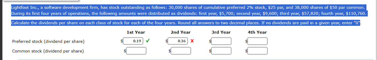 Lightfoot Inc., a software development firm, has stock outstanding as follows: 30,000 shares of cumulative preferred 2% stock, $25 par, and 38,000 shares of $50 par common.
During its first four years of operations, the following amounts were distributed as dividends: first year, $5,700; second year, $9,600; third year, $57,820; fourth year, $110,760.
Calculate the dividends per share on each class of stock for each of the four years. Round all answers to two decimal places. If no dividends are paid in a given year, enter "0"
1st Year
2nd Year
Preferred stock (dividend per share)
Common stock (dividend per share)
0.19 ✓
$
0.36 X
100
3rd Year
100
4th Year