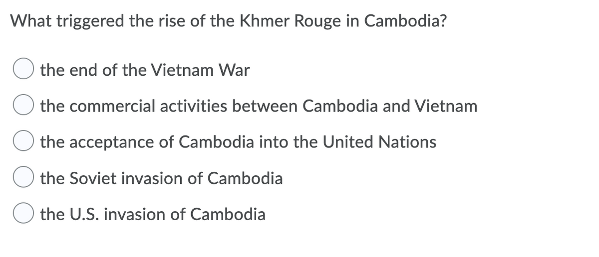 What triggered the rise of the Khmer Rouge in Cambodia?
the end of the Vietnam War
the commercial activities between Cambodia and Vietnam
the acceptance of Cambodia into the United Nations
the Soviet invasion of Cambodia
the U.S. invasion of Cambodia
