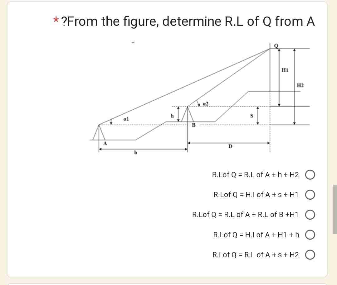 *?From the figure, determine R.L of Q from A
al
b
h
B
a2
D
S
H1
H2
R. Lof Q = R.L of A +h+ H2O
R.Lof Q = H.I of A + s + H1 O
R.Lof Q = R.L of A + R.L of B +H1 O
R.Lof Q = H.I of A + H1 + h O
R.Lof Q = R.L of A + s + H2O