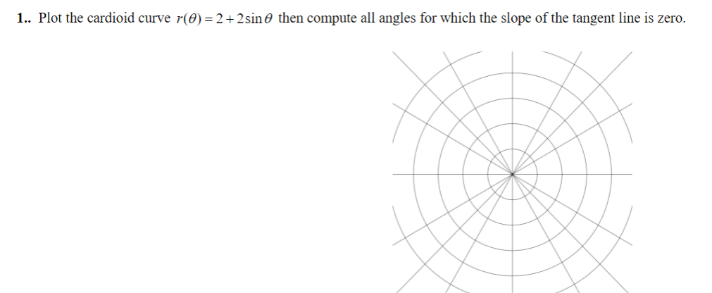 1.. Plot the cardioid curve r(0) = 2+2sin@ then compute all angles for which the slope of the tangent line is zero.