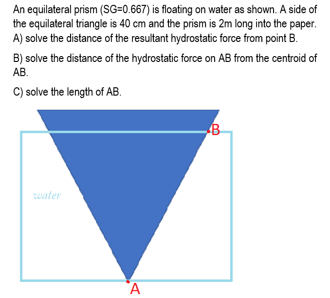 An equilateral prism (SG=0.667) is floating on water as shown. A side of
the equilateral triangle is 40 cm and the prism is 2m long into the paper.
A) solve the distance of the resultant hydrostatic force from point B.
B) solve the distance of the hydrostatic force on AB from the centroid of
АВ.
C) solve the length of AB.
water
