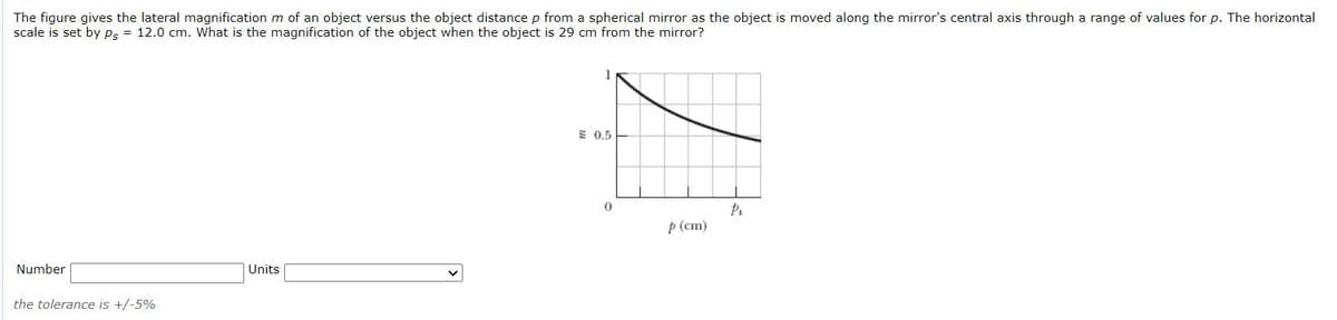 The figure gives the lateral magnification m of an object versus the object distance p from a spherical mirror as the object is moved along the mirror's central axis through a range of values for p. The horizontal
scale is set by Ps = 12.0 cm. What is the magnification of the object when the object is 29 cm from the mirror?
1
E 0.5
p (cm)
Number
Units
the tolerance is +/-5%
