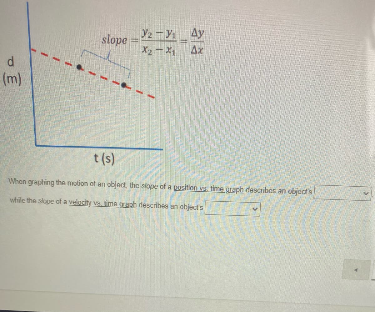 Y2-Y1 Ay
X2 - X1
slope =
Ax
(m)
t (s)
When graphing the motion of an object, the slope of a position vs. time graph describes an object's
while the slope of a velocity vs. time graph describes an object's
