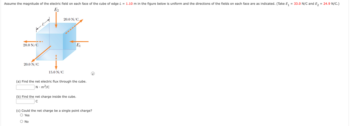 Assume the magnitude of the electric field on each face of the cube of edge L = 1.10 m in the figure below is uniform and the directions of the fields on each face are as indicated. (Take E, = 33.0 N/C and E,
24.9 N/C.)
E2
20.0 N/C,
20.0 N/C
E1
20.0 N/C
15.0 N/C
(a) Find the net electric flux through the cube.
N• m?/c
(b) Find the net charge inside the cube.
C
(c) Could the net charge be a single point charge?
O Yes
No
