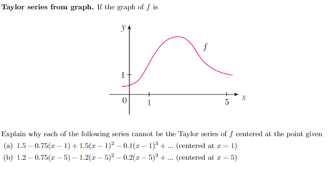 Taylor series from graph. If the graph of f is
y A
1
1
f
5
X
Explain why each of the following series cannot be the Taylor series of f centered at the point given
(a) 1.5-0.75(x-1) + 1.5(x − 1)² – 0.1(x − 1)³ +. (centered at x = 1)
(b) 1.2-0.75(x - 5) - 1.2(x - 5)² -0.2(x - 5)³ + ... (centered at x = 5)