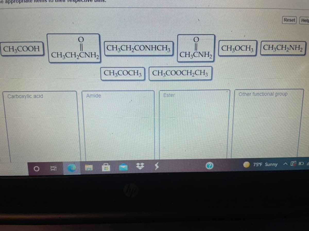 ве арргорга
nel Tespective Dilis.
Reset
Help
CH3COOH
CH3CH,CONHCH3
CH3OCH3 CH;CH,NH,
CH;CH,CNH2
CH;CNH,
CH;COCH; CH;COOCH,CH3
Carboxylic acid
Amide
Ester
Other functional group
梦 $
75°F Sunny
