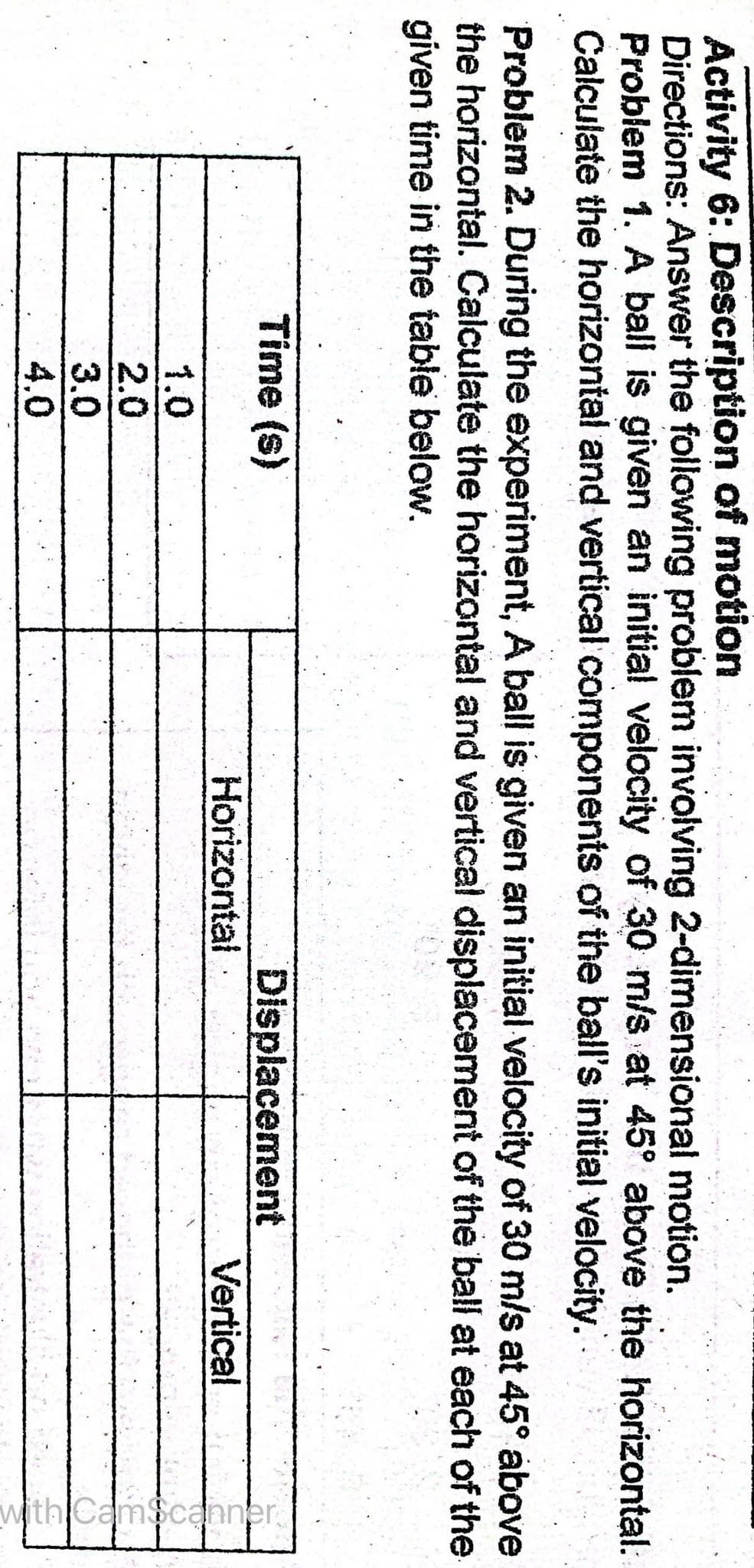 Activity 6: Description of motion
Directions: Answer the following problem involving 2-dimensional motion.
Problem 1. A ball is given an initial velocity of 30 m/s at 45° above the horizontal.
Calculate the horizontal and vertical components of the ball's initial velocity.
Problem 2. During the experiment, A ball is given an initial velocity of 30 m/s at 45° above
the horizontal. Calculate the horizontal and vertical displacement of the ball at each of the
given time in the table below.
Time (s)
1.0
2.0
3.0
4.0
Horizontal
Displacement
Vertical