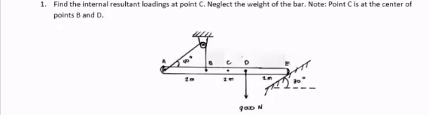 1. Find the internal resultant loadings at point C. Neglect the weight of the bar. Note: Point C is at the center of
points B and D.
422
1m
2m
9000 N