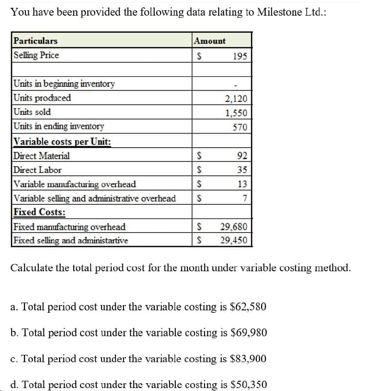 You have been provided the following data relating to Milestone Ltd.:
Particulars
Selling Price
Units in beginning inventory
Units produced
Units sold
Units in ending inventory
Variable costs per Unit:
Direct Material
Direct Labor
Variable manufacturing overhead
Variable selling and administrative overhead
Fixed Costs:
Fixed manufacturing overhead
Fixed selling and administartive
Amount
S
S
S
S
S
S
S
195
2,120
1,550
570
250
92
am
35
13
7
29,680
29,450
Calculate the total period cost for the month under variable costing method.
a. Total period cost under the variable costing is $62,580
b. Total period cost under the variable costing is $69,980
c. Total period cost under the variable costing is $83,900
d. Total period cost under the variable costing is $50,350