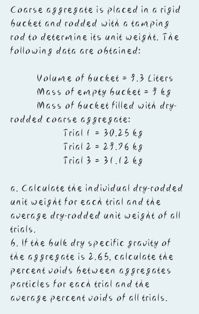 Coarse aggregate is placed in a rigid
bucket and rodded with a tamping
rod to determine its unit weight. The
following data are obtained:
Volume of bucket = 9.3 Liters
Mass of empty bucket = 9 kg
Mass of bucket filled with dry-
rodded coarse aggregate:
Trial ( = 30.23 kg
Trial 2 = 29.96 kg
Trial 3 = 31.(2 kg
a. Calculate the individual dry-rodded
unit weight for each trial and the
average dry-rodded unit weight of all
trials.
6. If the bulk dry specific gravity of
the aggregate is 2.65, calculate the
percent voids between aggregates
particles for each trial and the
average percent voids of all trials.
