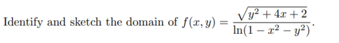 Identify and sketch the domain of f(x, y)
=
y² + 4x + 2
In(1-x² - y²)