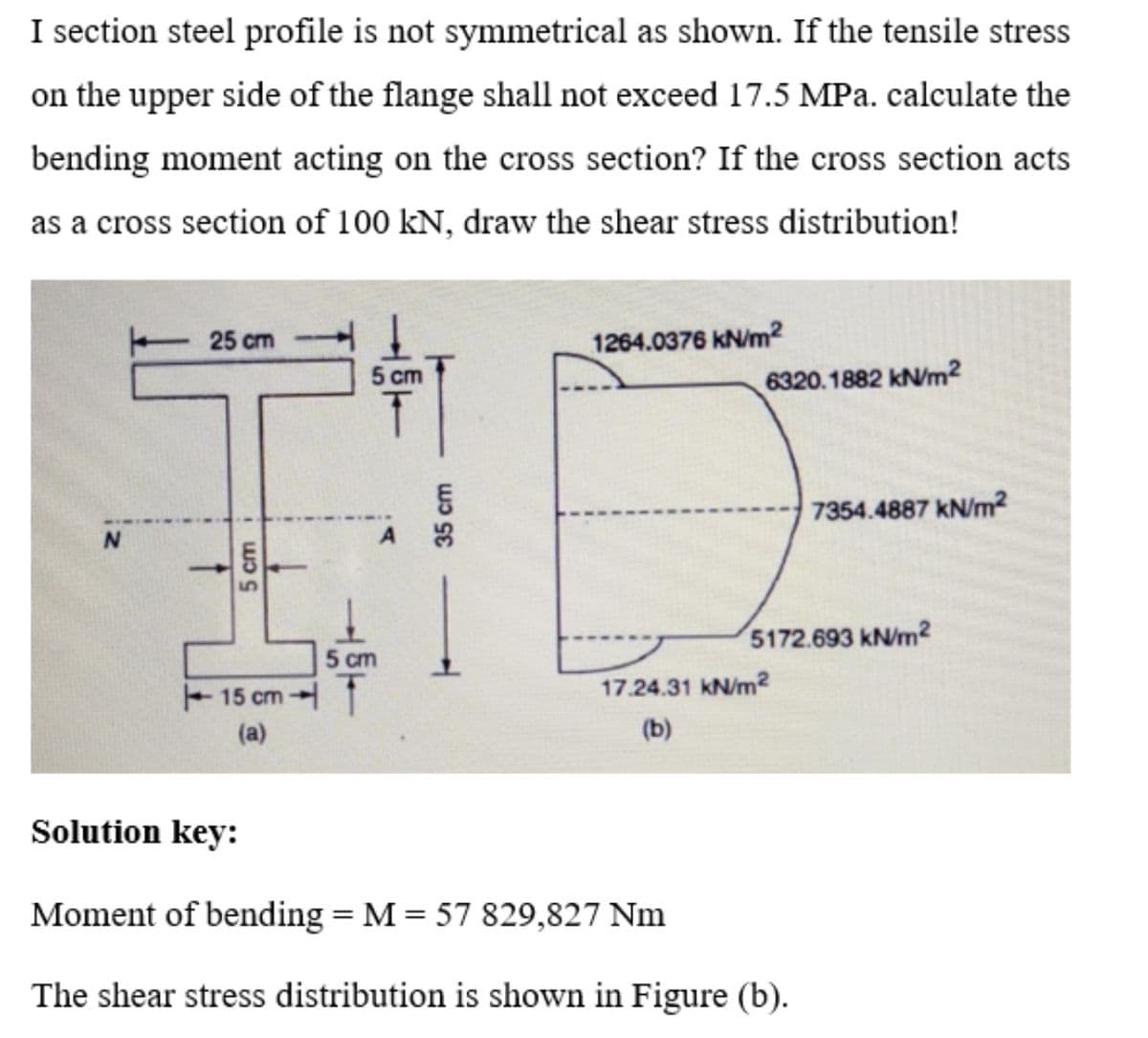 I section steel profile is not symmetrical as shown. If the tensile stress
on the upper side of the flange shall not exceed 17.5 MPa. calculate the
bending moment acting on the cross section? If the cross section acts
as a cross section of 100 kN, draw the shear stress distribution!
25 cm
1264.0376 kN/m2
5 cm
6320.1882 kN/m²
7354.4887 kN/m?
5172.693 kN/m2
5 cm
15 cm
17.24.31 kN/m²
(a)
(b)
Solution key:
Moment of bending = M = 57 829,827 Nm
The shear stress distribution is shown in Figure (b).
5 cm
35 cm
