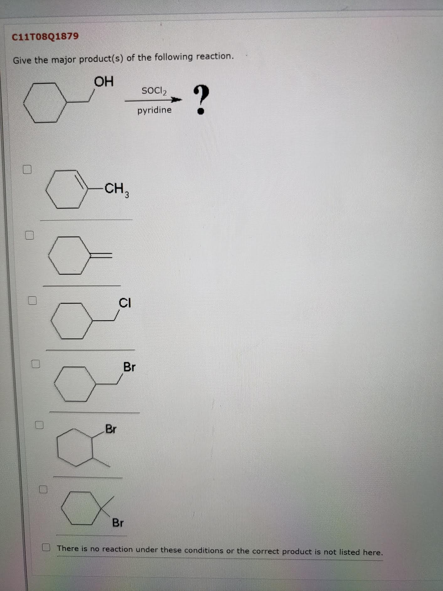 Give the major product(s) of the following reaction.
OH
?
sOCI2
pyridine
CH,
CI
Br
Br
Br
