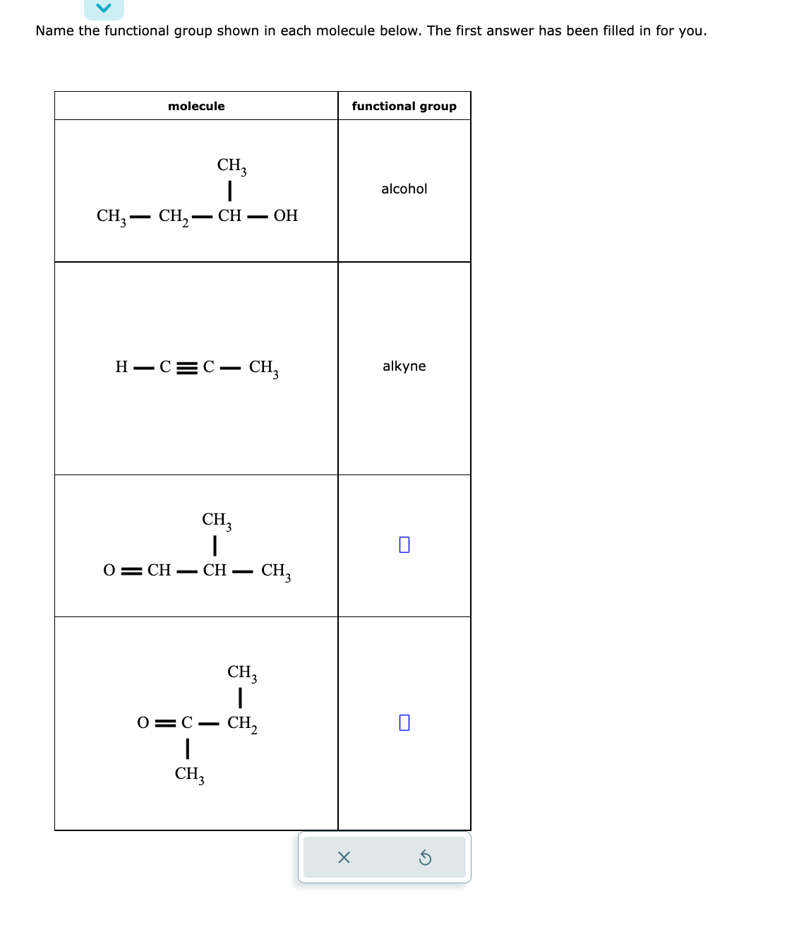 Name the functional group shown in each molecule below. The first answer has been filled in for you.
molecule
CH3
T
CH3 CH₂- CH - OH
HIC C- CH3
CH3
I
0=CH=CH– CH3
CH3
T
0=C-CH₂
CH3
functional group
alcohol
alkyne