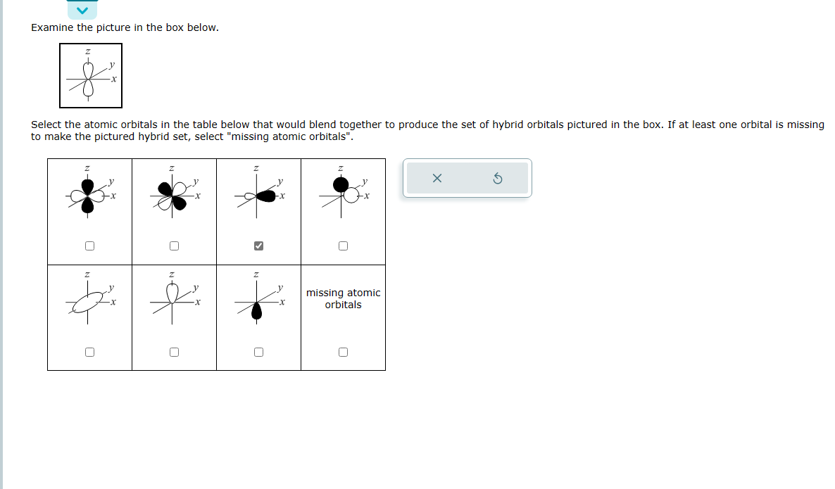 Examine the picture in the box below.
Select the atomic orbitals in the table below that would blend together to produce the set of hybrid orbitals pictured
to make the pictured hybrid set, select "missing atomic orbitals".
ہوا ہو
missing atomic
orbitals
the box. If at least one orbital is missing