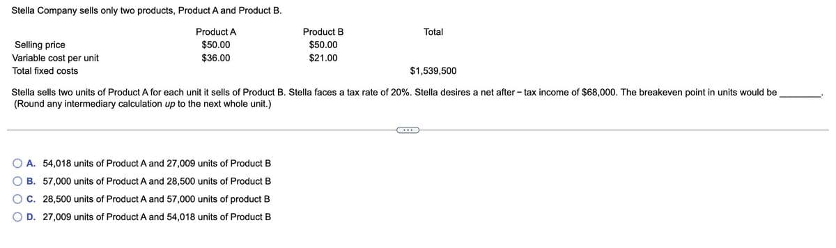 Stella Company sells only two products, Product A and Product B.
Product A
$50.00
$36.00
Selling price
Variable cost per unit
Total fixed costs
Product B
$50.00
$21.00
A. 54,018 units of Product A and 27,009 units of Product B
B. 57,000 units of Product A and 28,500 units of Product B
C. 28,500 units of Product A and 57,000 units of product B
D. 27,009 units of Product A and 54,018 units of Product B
Total
$1,539,500
Stella sells two units of Product A for each unit it sells of Product B. Stella faces a tax rate of 20%. Stella desires a net after-tax income of $68,000. The breakeven point in units would be
(Round any intermediary calculation up to the next whole unit.)