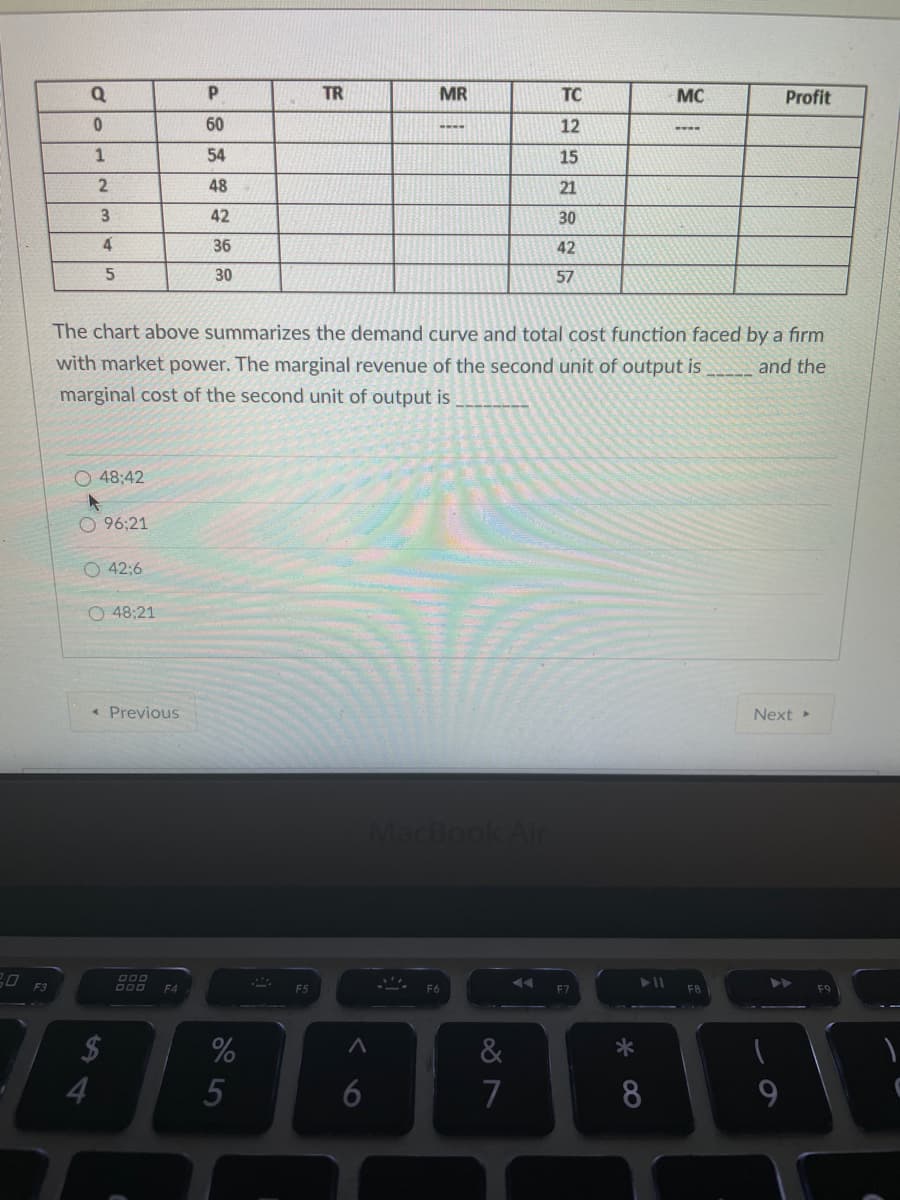 Q
TR
MR
TC
MC
Profit
60
12
1
54
15
2
48
21
3
42
30
36
42
30
57
The chart above summarizes the demand curve and total cost function faced by a firm
with market power. The marginal revenue of the second unit of output is
and the
marginal cost of the second unit of output is
O 48:42
O 96;21
O 42:6
O 48:21
* Previous
Next
MacBook Air
F3
F4
F5
F6
2$
4
%
&
7
8
