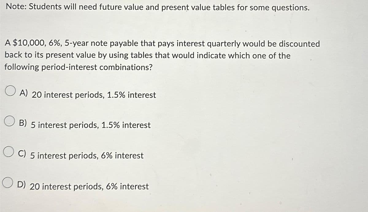 Note: Students will need future value and present value tables for some questions.
A $10,000, 6%, 5-year note payable that pays interest quarterly would be discounted.
back to its present value by using tables that would indicate which one of the
following period-interest combinations?
OA) 20 interest periods, 1.5% interest
B) 5 interest periods, 1.5% interest
OC) 5 interest periods, 6% interest
D) 20 interest periods, 6% interest