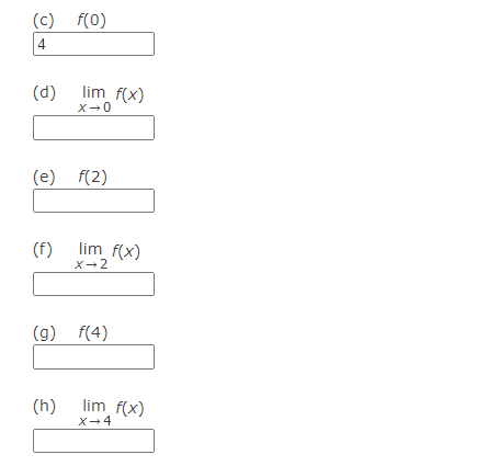 (c) f(0)
4
(d)
lim f(x)
X-0
(e) f(2)
(f)
X-2
lim f(x)
(g) f(4)
lim f(x)
X-4
(h)
