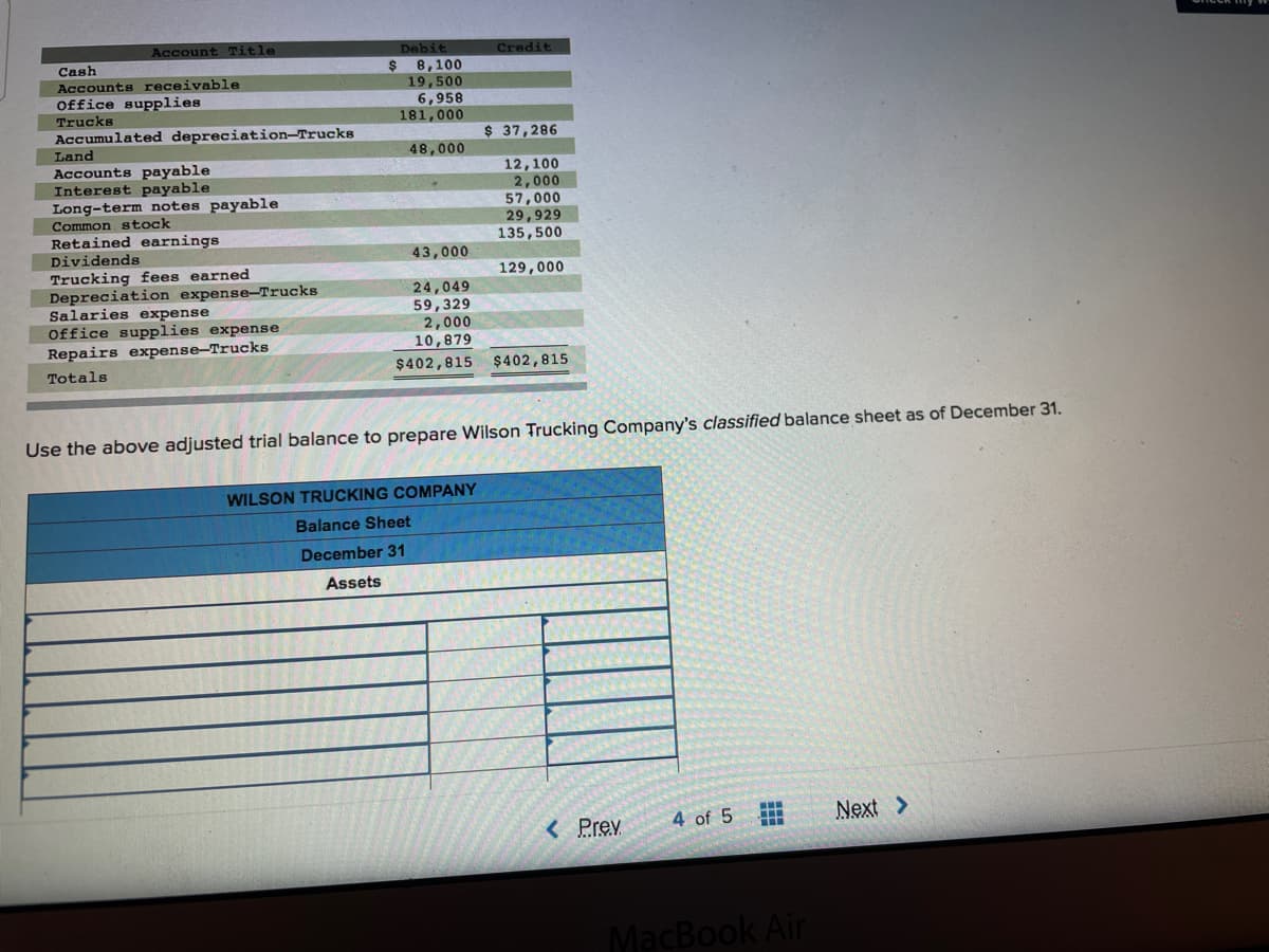 Account Title
Dabit
$4
Credit
Cash
Accounts receivable
Office supplies
8,100
19,500
6,958
181,000
Trucks
Accumulated depreciation-Trucks
Land
$ 37,286
48,000
Accounts payable
Interest payable
Long-term notes payable
Common stock
12,100
2,000
57,000
29,929
135,500
Retained earnings
Dividends
43,000
Trucking fees earned
Depreciation expense-Trucks
Salaries expense
Office supplies expense
Repairs expense-Trucks
129,000
24,049
59,329
2,000
10,879
Totals
$402,815 $402,815
Use the above adjusted trial balance to prepare Wilson Trucking Company's classified balance sheet as of December 31.
WILSON TRUCKING COMPANY
Balance Sheet
December 31
Assets
< Prev
4 of 5
Next >
MacBook Air
