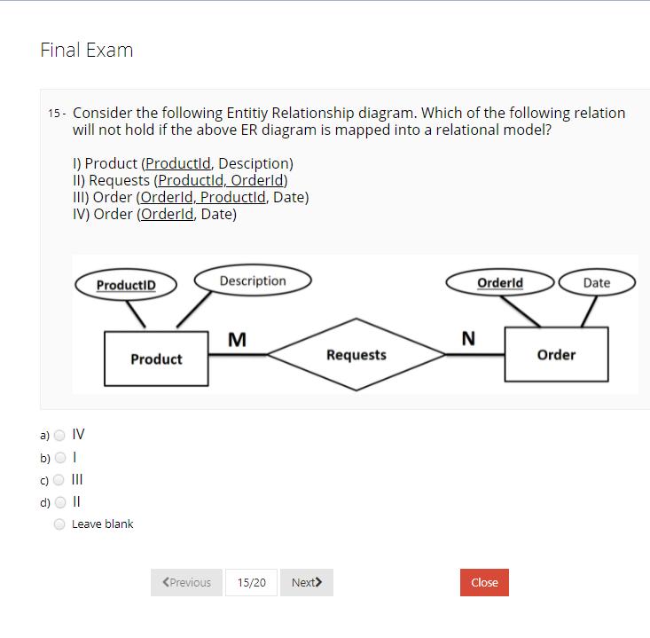 Final Exam
15 - Consider the following Entitiy Relationship diagram. Which of the following relation
will not hold if the above ER diagram is mapped into a relational model?
I) Product (Productld, Desciption)
II) Requests (Productld, Orderld)
II) Order (Orderld, Productid, Date)
IV) Order (Orderld, Date)
ProductID
Description
Orderld
Date
M
N
Product
Requests
Order
a) O IV
II
II
Leave blank
<Previous
15/20
Next>
Close
