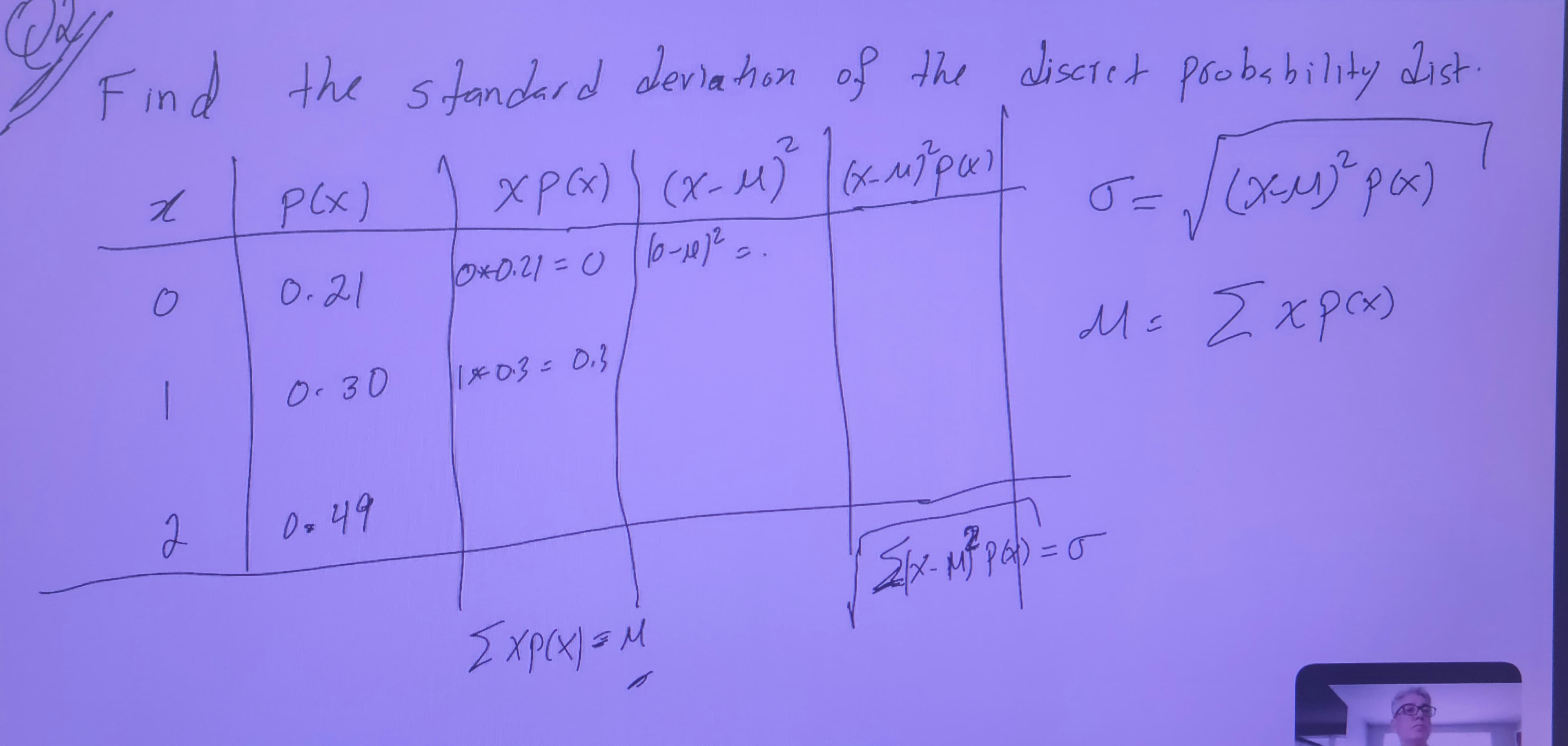 My
Find the standard deviation of the discret probability dist
x
P(x)
xp(x)) (x-M)² | (x-mipul
2
σ = √(x-M)² pxx)
ટે
О
0.21
10*0.21=0 /10-112 =.
M= Exp(x)
1
0.30
1*0.3 = 0.3
2
0=49
EXP(X) =M