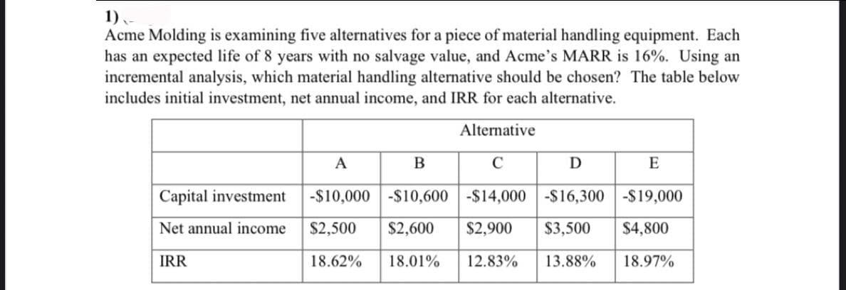 1),
Acme Molding is examining five alternatives for a piece of material handling equipment. Each
has an expected life of 8 years with no salvage value, and Acme's MARR is 16%. Using an
incremental analysis, which material handling alternative should be chosen? The table below
includes initial investment, net annual income, and IRR for each alternative.
Alternative
A
B
C
E
Capital investment
-$10,000 -$10,600 -$14,000
-$16,300 -$19,000
Net annual income
$2,500
$2,600
$2,900
$3,500
$4,800
IRR
18.62%
18.01%
12.83%
13.88%
18.97%
