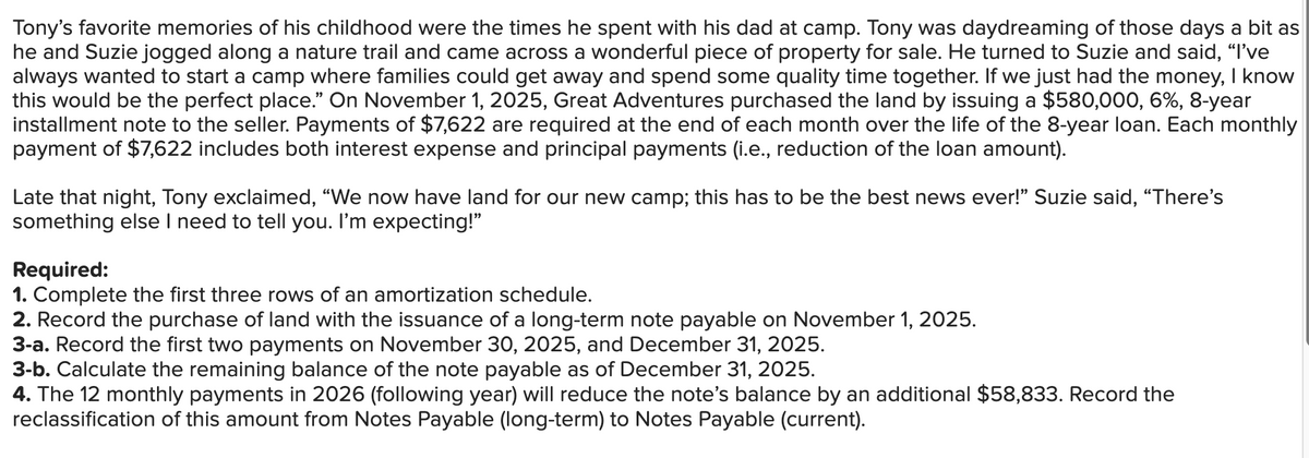 Tony's favorite memories of his childhood were the times he spent with his dad at camp. Tony was daydreaming of those days a bit as
he and Suzie jogged along a nature trail and came across a wonderful piece of property for sale. He turned to Suzie and said, "I've
always wanted to start a camp where families could get away and spend some quality time together. If we just had the money, I know
this would be the perfect place." On November 1, 2025, Great Adventures purchased the land by issuing a $580,000, 6%, 8-year
installment note to the seller. Payments of $7,622 are required at the end of each month over the life of the 8-year loan. Each monthly
payment of $7,622 includes both interest expense and principal payments (i.e., reduction of the loan amount).
Late that night, Tony exclaimed, "We now have land for our new camp; this has to be the best news ever!" Suzie said, "There's
something else I need to tell you. I'm expecting!"
Required:
1. Complete the first three rows of an amortization schedule.
2. Record the purchase of land with the issuance of a long-term note payable on November 1, 2025.
3-a. Record the first two payments on November 30, 2025, and December 31, 2025.
3-b. Calculate the remaining balance of the note payable as of December 31, 2025.
4. The 12 monthly payments in 2026 (following year) will reduce the note's balance by an additional $58,833. Record the
reclassification of this amount from Notes Payable (long-term) to Notes Payable (current).