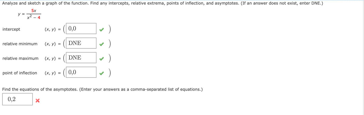 Analyze and sketch a graph of the function. Find any intercepts, relative extrema, points of inflection, and asymptotes. (If an answer does not exist, enter DNE.)
5x
y =
x2
4
(х, у).
0,0
)
intercept
)
relative minimum
(х, у) :
DNE
relative maximum
(х, у) :
DNE
(х, у)
0,0
)
point of inflection
=
Find the equations of the asymptotes. (Enter your answers as a comma-separated list of equations.)
0,2
