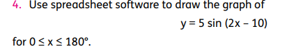 4. Use spreadsheet software to draw the graph of
y = 5 sin (2x – 10)
for 0<x< 180°.
