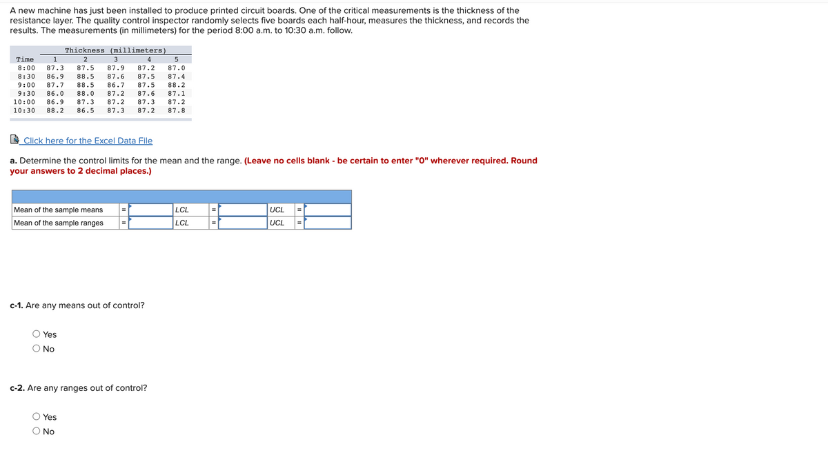 A new machine has just been installed to produce printed circuit boards. One of the critical measurements is the thickness of the
resistance layer. The quality control inspector randomly selects five boards each half-hour, measures the thickness, and records the
results. The measurements (in millimeters) for the period 8:00 a.m. to 10:30 a.m. follow.
1
Thickness (millimeters)
Time
2
3
4
5
8:00 87.3 87.5 87.9 87.2 87.0
8:30 86.9 88.5 87.6 87.5 87.4
9:00 87.7 88.5 86.7 87.5 88.2
9:30 86.0 88.0 87.2 87.6 87.1
10:00 86.9 87.3 87.2 87.3 87.2
10:30 88.2 86.5 87.3 87.2 87.8
Click here for the Excel Data File
a. Determine the control limits for the mean and the range. (Leave no cells blank - be certain to enter "0" wherever required. Round
your answers to 2 decimal places.)
Mean of the sample means
Mean of the sample ranges
c-1. Are any means out of control?
Yes
O No
c-2. Are any ranges out of control?
Yes
No
LCL
LCL
UCL
UCL =
=
