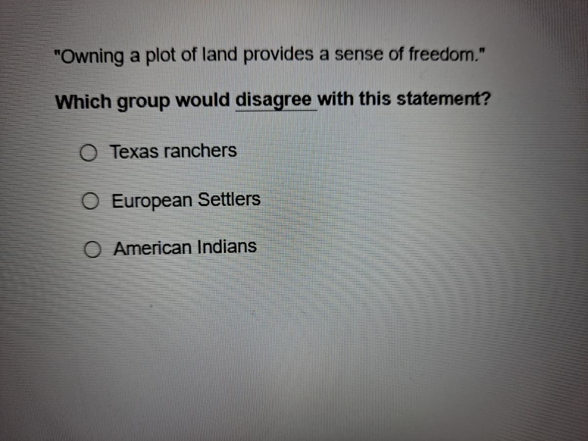 "Owning a plot of land provides a sense of freedom."
Which group would disagree with this statement?
O Texas ranchers
O European Settlers
O American Indians
