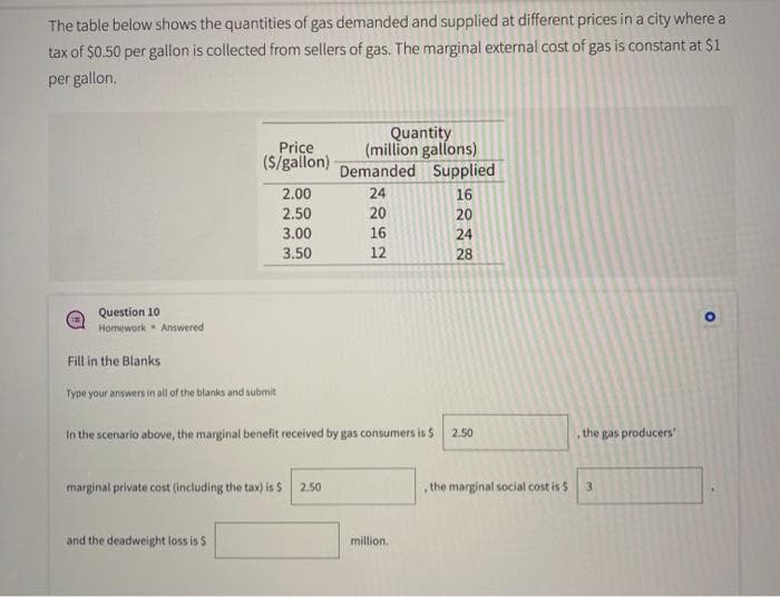 The table below shows the quantities of gas demanded and supplied at different prices in a city where a
tax of $0.50 per gallon is collected from sellers of gas. The marginal external cost of gas is constant at $1
per gallon.
Price
(S/gallon)
Quantity
(million gallons)
Demanded Supplied
2.00
24
16
2.50
20
20
3.00
16
24
3.50
12
28
Question 10
Homework Answered
Fill in the Blanks
Type your answers in all of the blanks and submit
In the scenario above, the marginal benefit received by gas consumers is $
the gas producers
2.50
marginal private cost (including the tax) is $
2.50
the marginal social cost is $3
and the deadweight loss is $
million.
