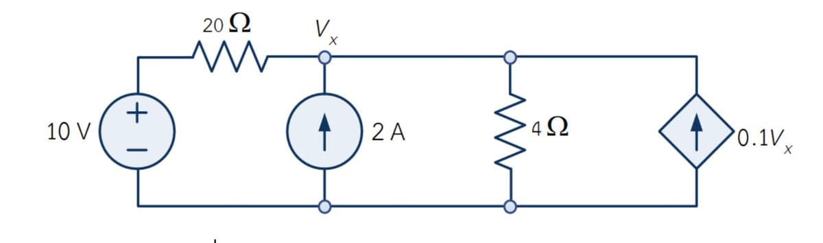 10 V
+
Μ
20 Ω
V.
α
X
2Α
4Ω
1
0.1V. X