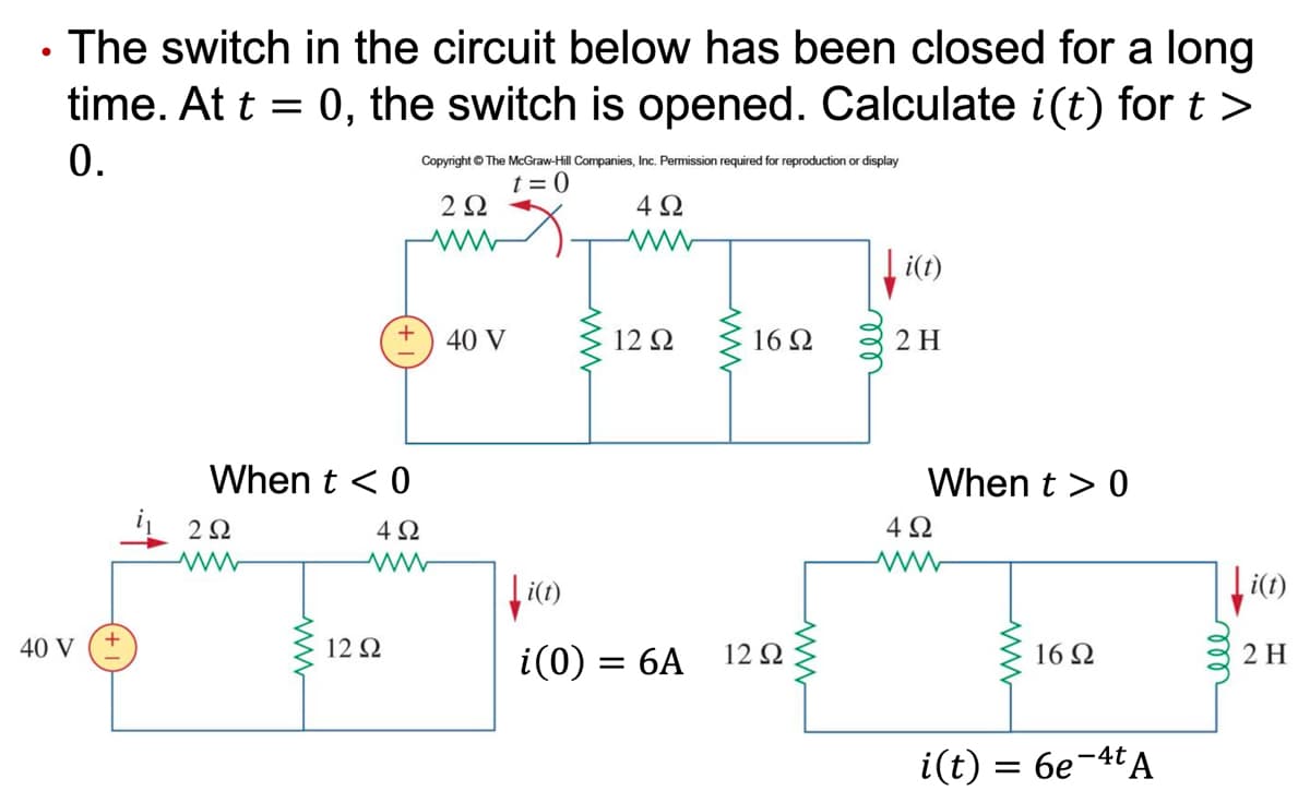 ●
The switch in the circuit below has been closed for a long
time. At t = 0, the switch is opened. Calculate i(t) for t >
0.
40 V
When t < 0
4Ω
ww
2Ω
Copyright © The McGraw-Hill Companies, Inc. Permission required for reproduction or display
t=0
12 Ω
2 Ω
www
40 V
4Ω
12 Ω
↓i(t)
i(0) = 6A
16Ω
12 Ω
www
i(t)
2 H
When t > 0
4Ω
www
16Ω
i(t) = 6e-4t A
i(t)
2 H