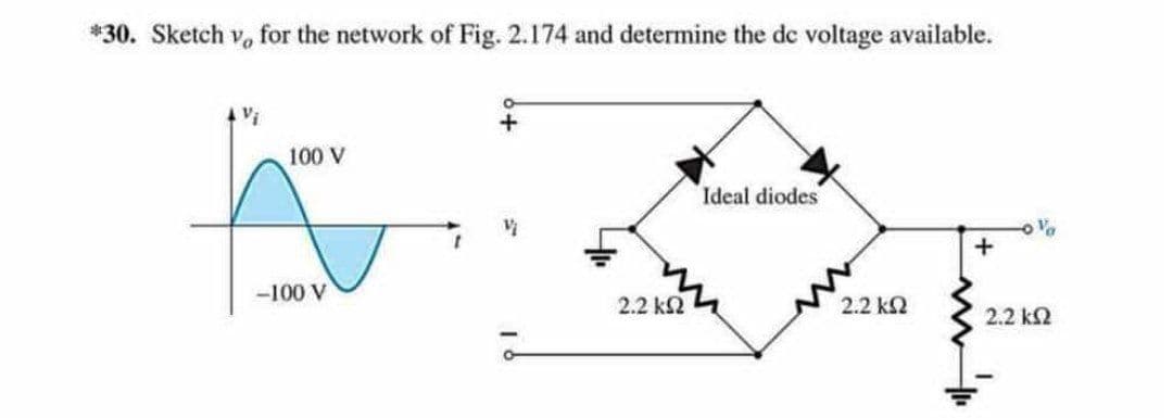 *30. Sketch v, for the network of Fig. 2.174 and determine the de voltage available.
Vi
100 V
Ideal diodes
-100 V
2.2 k2
2.2 k2
2.2 k2
