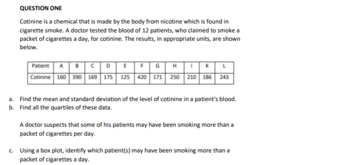 QUESTION ONE
Cotinine is a chemical that is made by the body from nicotine which is found in
cigarette smoke. A doctor tested the blood of 12 patients, who cdlaimed to smoke a
packet of cigarettes a day, for cotinine. The results, in appropriate units, are shown
below.
Patient AB CDEF |G|H IK
|Cotinine 160 390 169 175 125 420 171 250 210 186 243
a. Find the mean and standard deviation of the level of cotinine in a patient's blood.
b. Find all the quartiles of these data.
A doctor suspects that some of his patients may have been smoking more than a
packet of cigarettes per day.
c. Using a box plot, identify which patient(s) may have been smoking more than a
packet of cigarettes a day.
