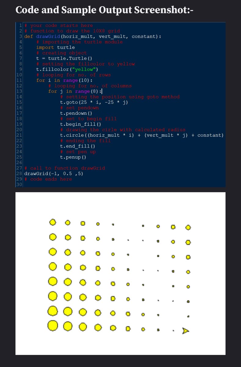 Code and Sample Output Screenshot:-
1 # your code starts here
2 # function to draw the 10X8 grid
3 def drawGrid(horiz_mult, vert_mult, constant):
4
# importing the turtle module
5
import turtle
6
# creating object
t = turtle.Turtle()
# setting the fillcolor to yellow
t.fillcolor ("yellow")
# looping for no. of rows
for i in range (10):
# looping for no. of columns
for j in range (8) :|
7
8
9
10
1
12
13
14
15
16
17
+ setting the position using goto method
t.goto(25 * i, -25 * j)
# set pendown
t.pendown ()
18
set to begin fill
19
t.begin_fil1()
# drawing the cirle with calculated radius
t.circle((horiz_mult * i) + (vert_mult * j) + constant)
# ending the fill
t.end_fill()
# set pen up
t.penup()
23
24
25
26
27 # call to function drawGrid
28 drawGrid(-1, 0.5 ,5)
29 # code ends here
30
A
