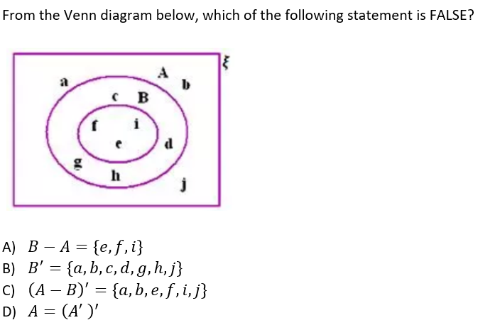 From the Venn diagram below, which of the following statement is FALSE?
DE
CB
i
h
A
d
j
A) BA=
{e, f, i}
B) B' = {a, b, c, d, g, h, j}
C) (AB)' = {a,b, e, f,i,j}
D) A = (A')'