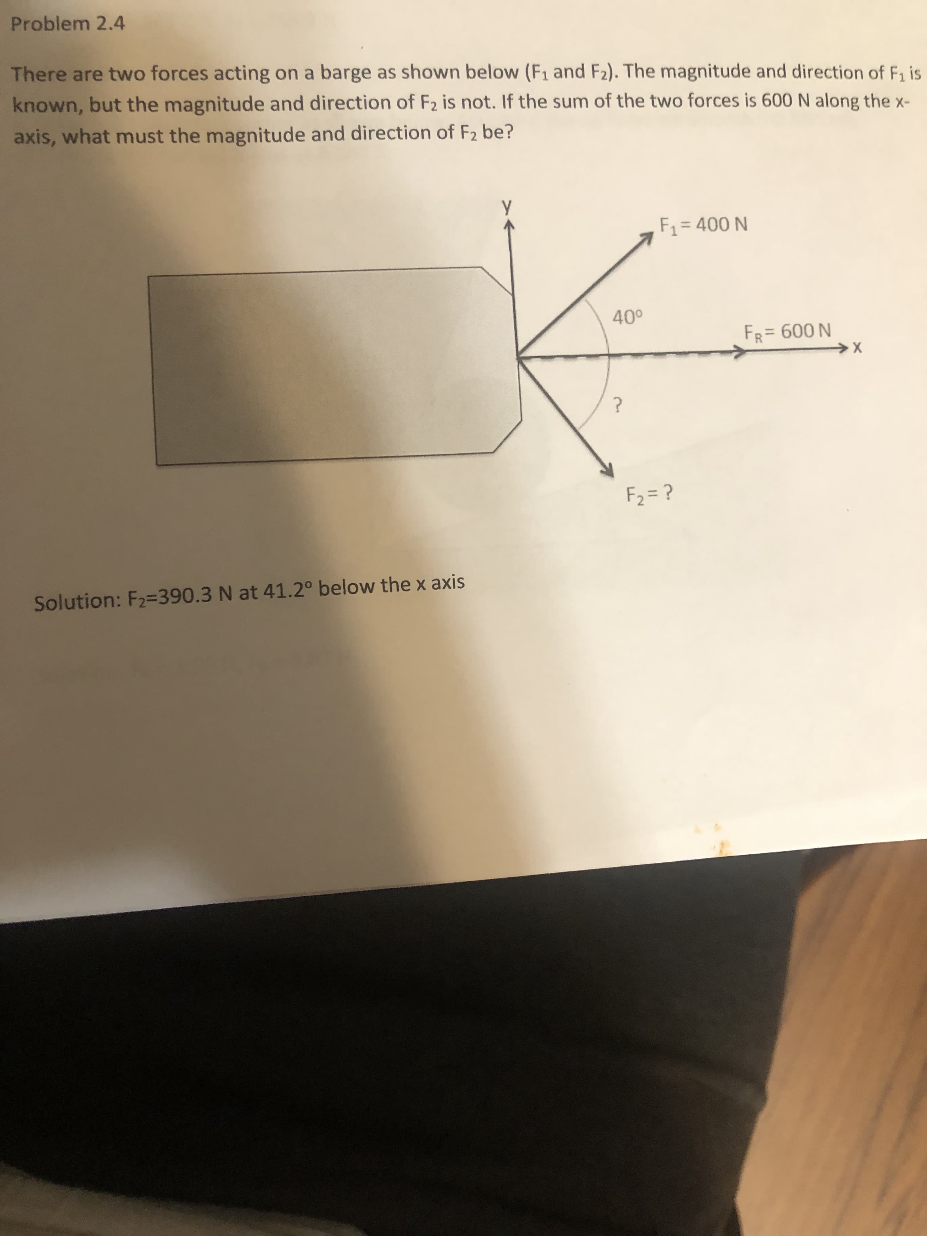 There are two forces acting on a barge as shown below (F1 and F2). The magnitude and direction of F, is
known, but the magnitude and direction of F2 is not. If the sum of the two forces is 600 N along the x-
axis, what must the magnitude and direction of F2 be?
F1 = 400 N
%3D
40°
FR= 600 N
F2 = ?
