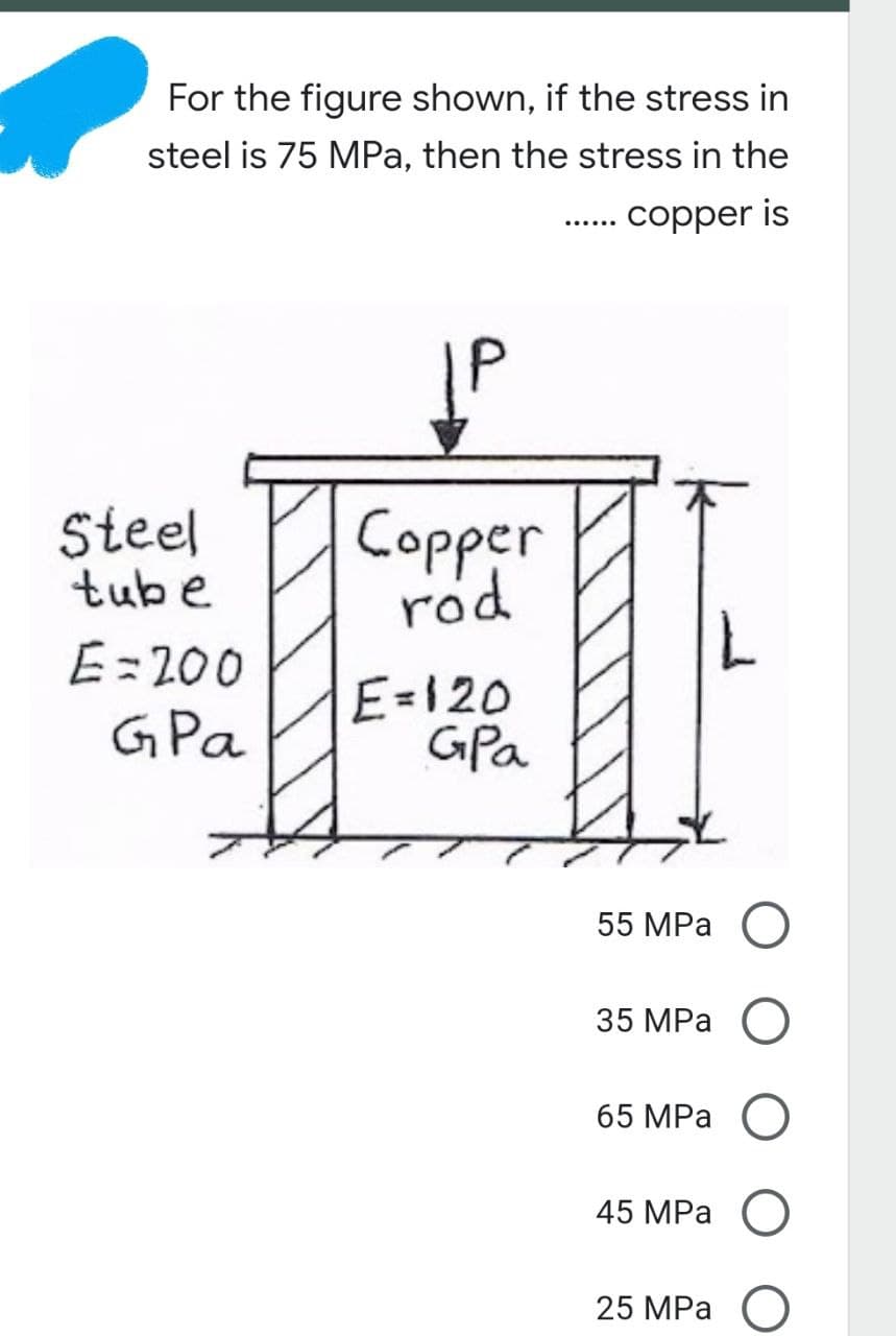 For the figure shown, if the stress in
steel is 75 MPa, then the stress in the
copper is
Copper
rod
E=120
GPa
Steel
tube
E=200
GPa
55 MPa O
35 MPa O
65 MPa O
45 MPa O
25 MPa O