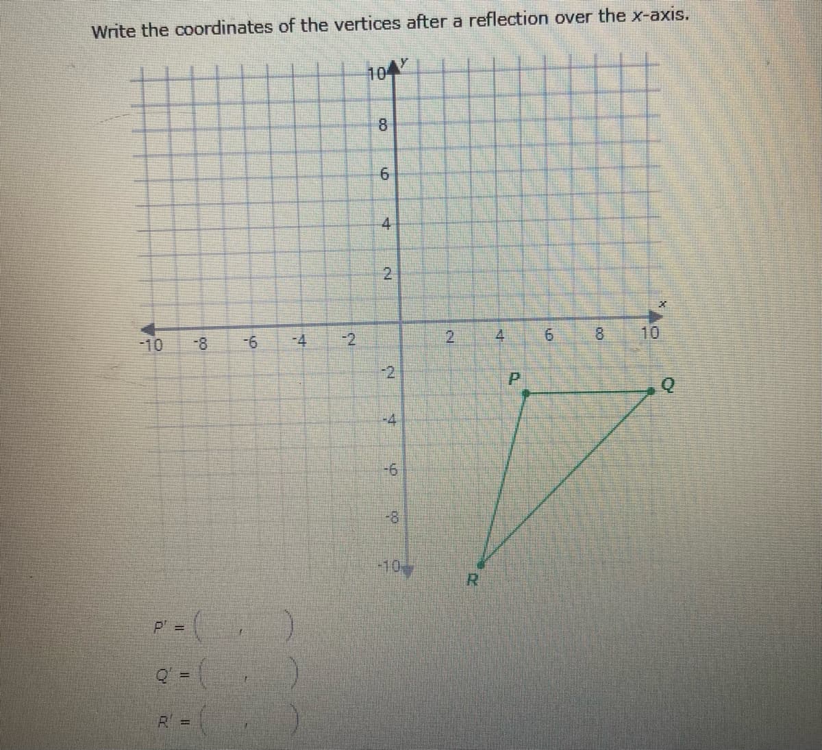 Write the coordinates of the vertices after a reflection over the x-axis.
104
8
4
2.
-10
-8
9-
-4
-2
2.
4.
6.
8.
10
-2
P.
-4,
-10-
R.
P3=
6.
