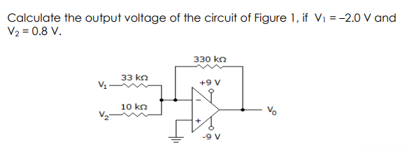 Calculate the output voltage of the circuit of Figure 1, if Vi = -2.0 V and
V2 = 0.8 V.
330 kn
33 kn
+9 V
10 kn
Vo
A 6
